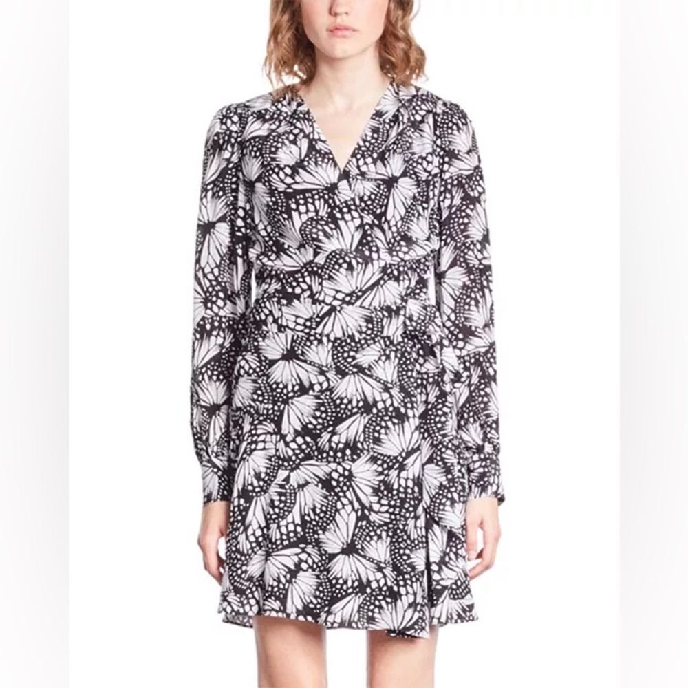 The Kooples Messy Butterfly Dress Wrap Knee Black White Size 3 US Large NEW